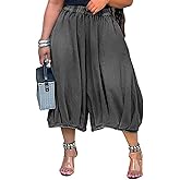 Tbahhir Women's Baggy Jeans Barrel Cropped Elastic Waist Denim Pants Loose Trousers with Pockets