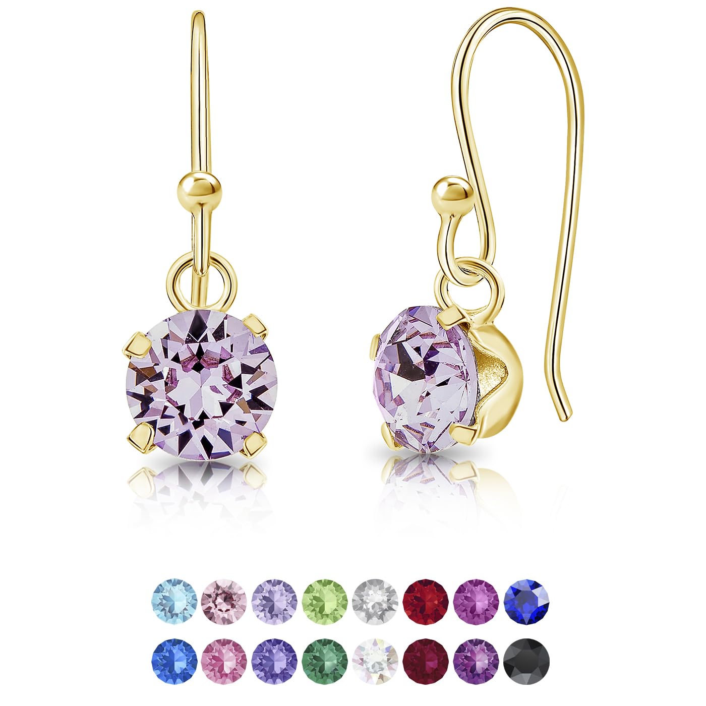 DTPSilver - 925 Sterling Silver Yellow Gold Plated Round Hook Dangle/Drop Earrings made with Glittering Crystals from Swarovski® Elements - Diameter: 6 mm - Colour : Violet