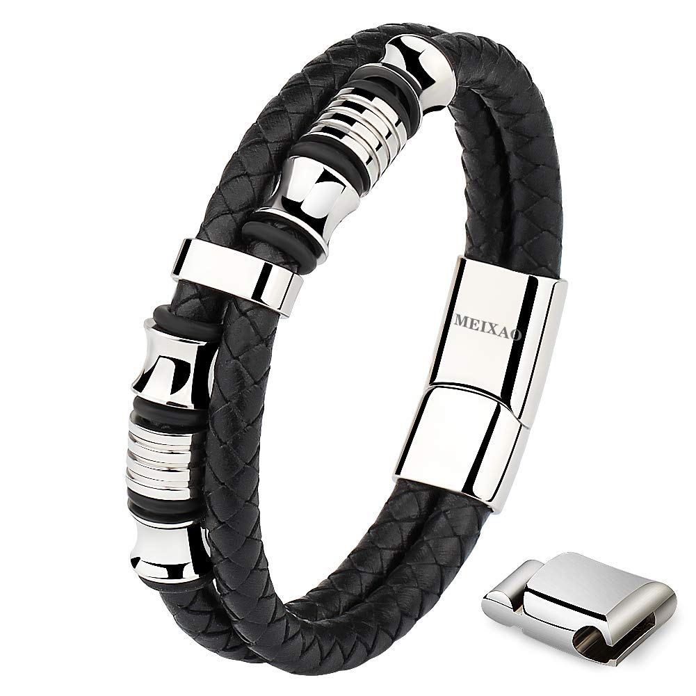 Meixao Bracelet for Men Cowhide Genuine Leather Polished Adjust-Able Stainless Steel Magnetic Closure (Silver, 23)