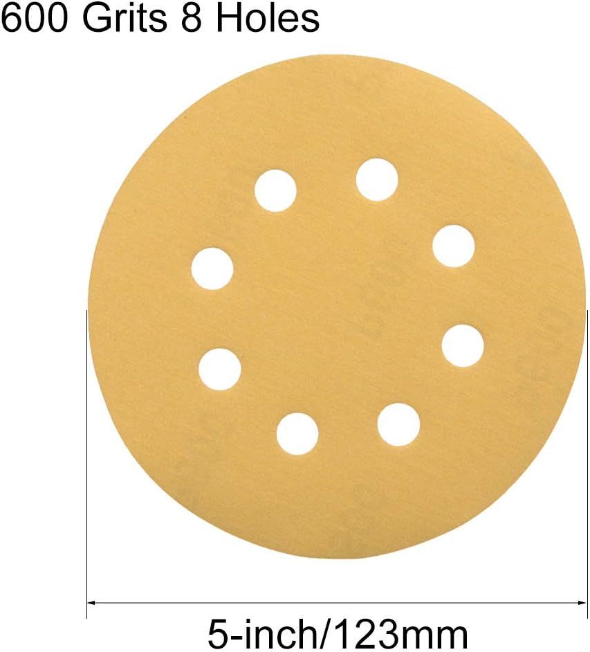 sourcing map 5" 8 Hole Hook and Loop Sanding Discs 600 Grit Aluminum Oxide Sandpaper for Random Orbit Sander Wood Metal Wet and Dry Polishing Gold 15pcs - Image 3