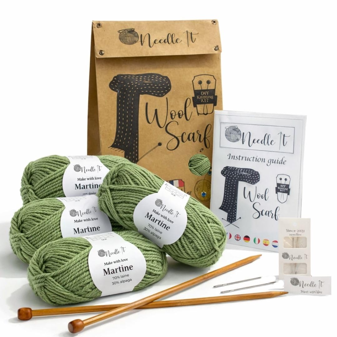 Needle It® - Complete Beginner's Knitting kit with Knitting Needles - Knitting Wool Scarf - Gift Idea (Dark Green)