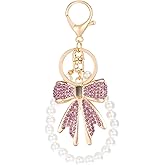 Falzqq Bow Keychain Rhinestone Bowknot Keychain Purse Charms Bag Charms Imitation Pearl Chains for Handbags Purses Backpacks Aesthetic Cute Keychains Accessories for Women, Purple