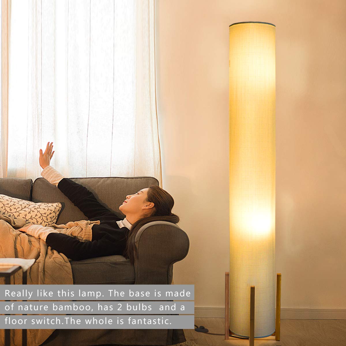 Floor lamp Wello Led Torchiere Floor lamp For Living Room - Tall Standing Lamp For Bedrooms office - Dimmable Modern Floor lamps – Asian Nature Bamboo Frame, Fabric Shade Light- White