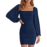 OKIFOIR Mesh Cocktail Dresses for Women Elegant Square Neck Lantern Long Sleeve Mini Ruched Bodycon Party Dress