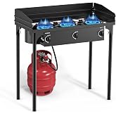 CAMPLUX 3 Burner Camping Stove for Outdoor Cooking, 225,000 BTU Propane Outdoor Stove with Detachable Stand Legs and Windshield, Propane Gas Stove with Adjustable High Pressure Regulator and Hose