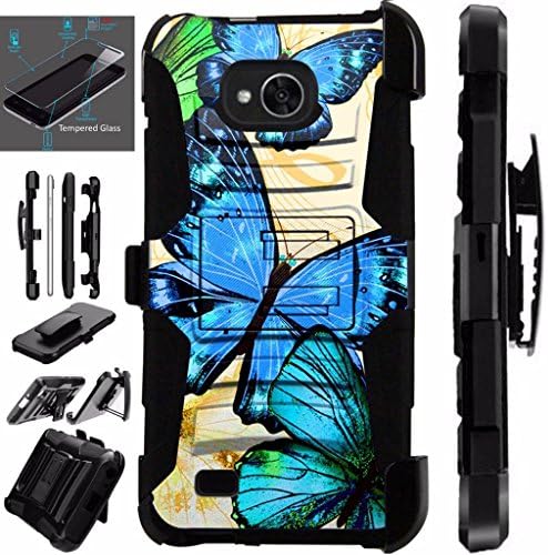 For LG X Power 2 Case / LG Fiesta Case LTE / LG K10 Power Case (2017) / LG LV7 Case + Tempered Glass Armor Hybrid Case Silicone Cover Kick Stand LuxGuard Holster (Blue Butterflies)