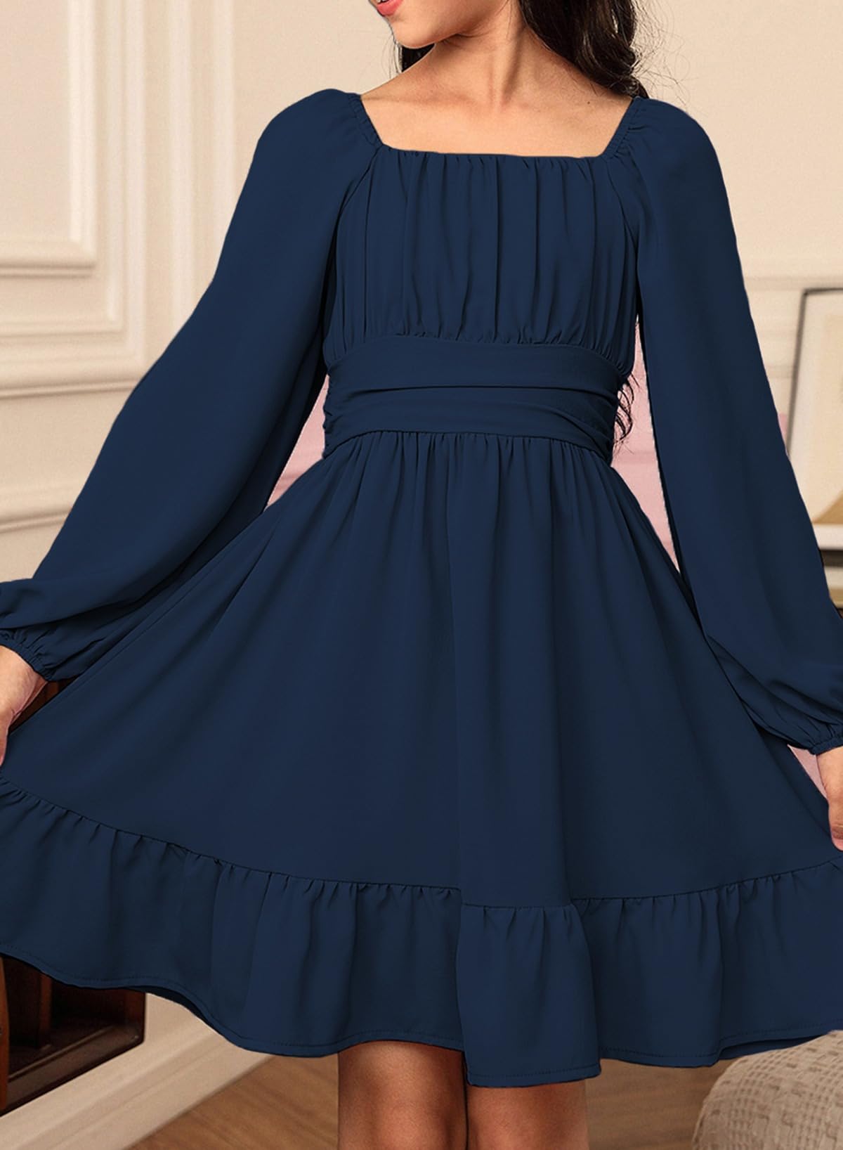 blibean Girls Long Sleeve Tie Back Dress Tween Fall Off Shoulder Dress Size 6-15 Years