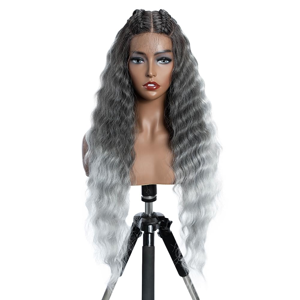 FASHION IDOL Lace Front Curly Wigs 31" Long Synthetic Natural Water Wavy Wear to Go Wig for Women Balk with E Type HD Lace Wig (GT4/GREY/60F, 30 Inches)