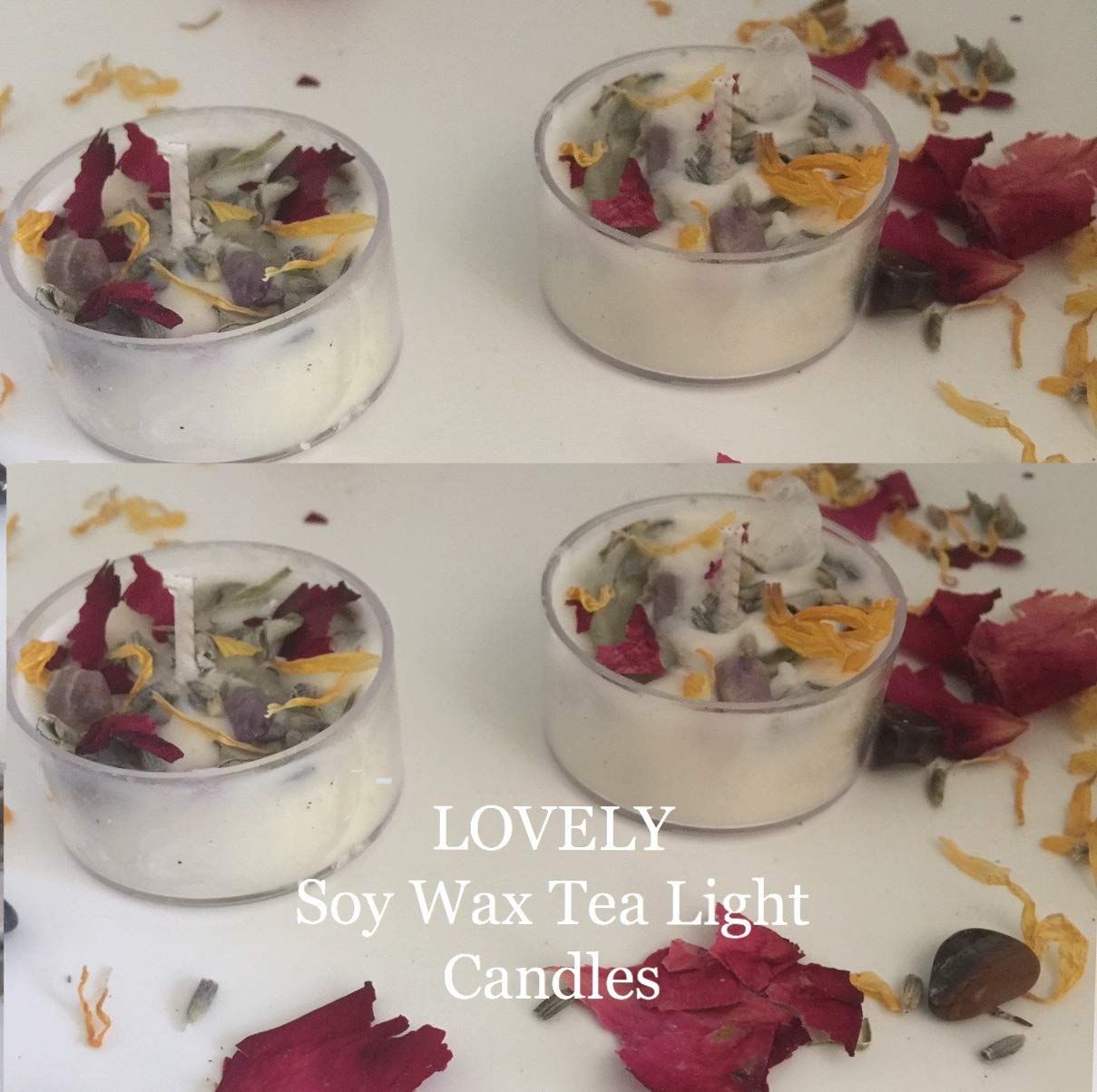 Amazon Com 4 Crystal Tea Light Candles Rose Petals Lavender Sage With Crystals Gem Stones Aromatherapy Soy Candles Handmade