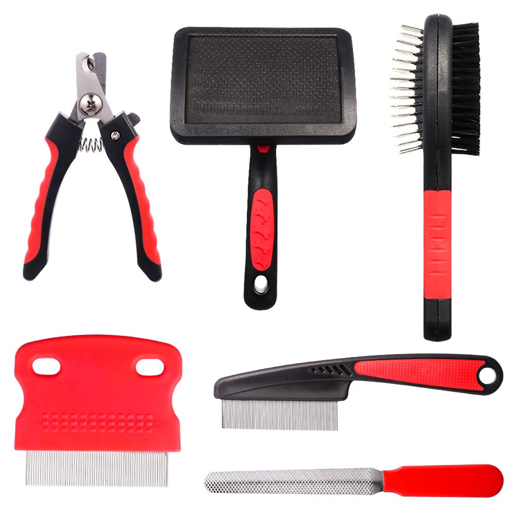 Tonyg-p 6 Pack Dog & Cat Grooming Set - Soft Slicker Brush, Double Sided, Pin & Flea Comb, Nail Clippers & File