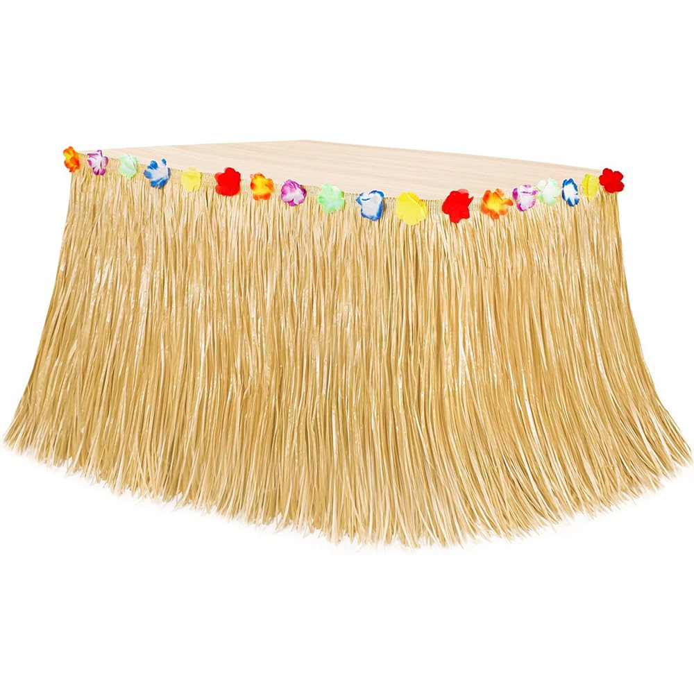Luau Grass Table Skirt 108" x 30" - Tropical Hawaiian Party Decorations with Flower Lei Trim, Bar Table Skirt for Summer Parties, Grass Skirts Hawaiian Party Pack for Indoor Outdoor Decor