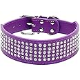 Berry Pet Rhinestones Dog Collars - 5 Rows Full Sparkly Crystal Diamonds Studded PU Leather - 2 Inch Wide -Beautiful Bling Pet Appearance for Medium & Large Dogs,17-20" Purple