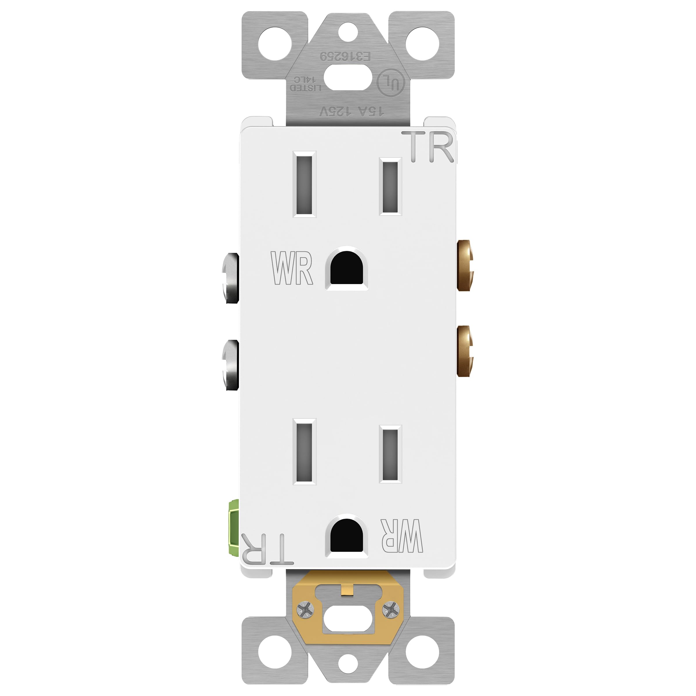 Photo 1 of ENERLITES Decorator Receptacle, Tamper-Weather-Resistant, Gloss Finish, Residential Grade Outdoor Outlet, 15A 125V, Self-Grounding, 2-Pole, 3-Wire, 5-15R, UL Listed, 61501-TWR-W, White
