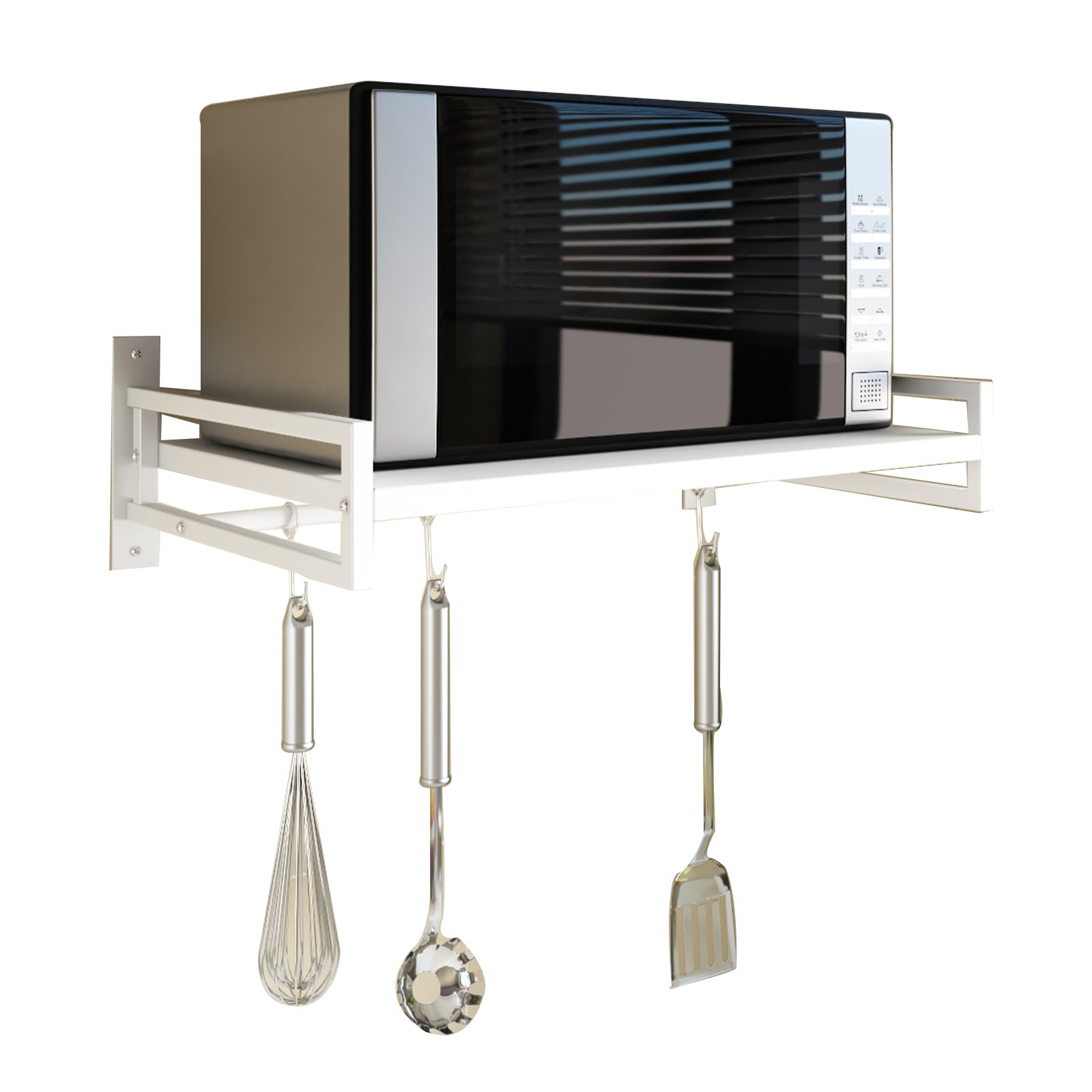 Photo 1 of ABCOOL Wall Mount Microwave Oven Shelf Rack, White Carbon Steel Counter Countertop Holder with Hook Rail and 3 Slidable Hooks for Kitchen Home
