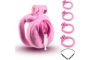 Male Inverted Negative Sissy Chastity Cage with 4 Rings Set, Small Men Flat Chastity Device Lock, Realistic Pussy Cage Design