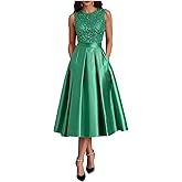 GORCENT Modest Ruffle Satin Prom Dress with Pockets Sparkly Sequin A Line Puffy Tea Length Formal Evening Ball Gown for Women
