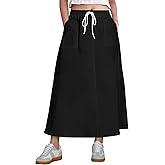 luvamia Denim Skirts for Women Trendy A Line Long Maxi Pull On Elastic Waist Drawstring Stretchy Jean Skirt with Pockets