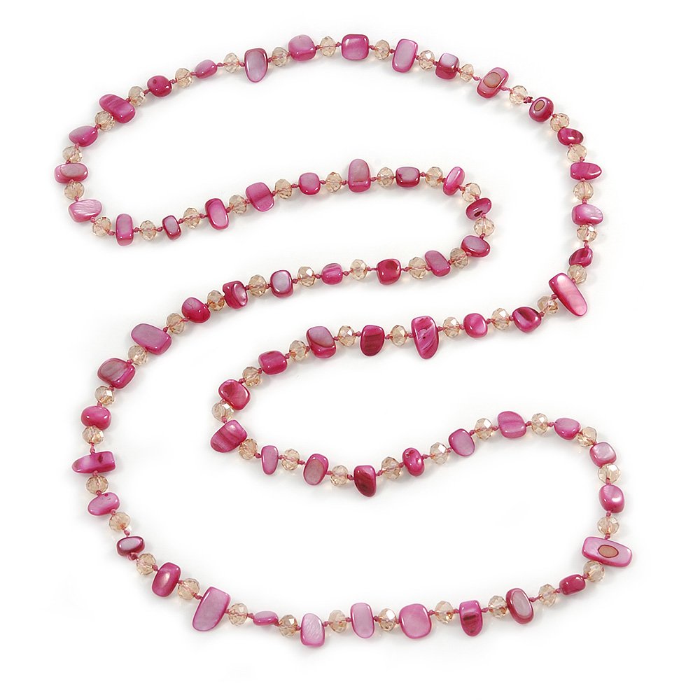 Avalaya Fuchsia Shell Nugget and Transparent Glass Crystal Bead Long Necklace/110cm L