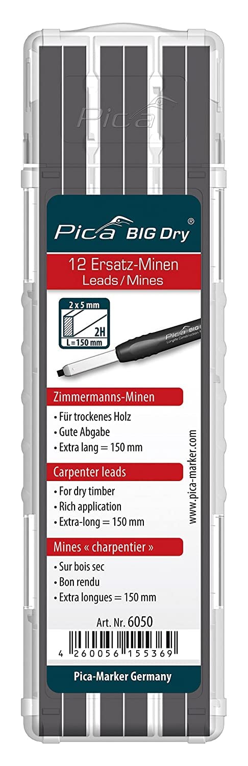 Pica BIG DRY Pen Pack of 12 Pencil Refills Carpenters Black Graphite 2H 6050 โ image 1