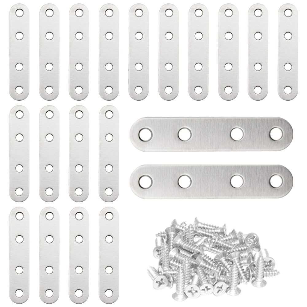 CEEYSEE 20pcs Flat Corner Brace Brackets 76×16mm Stainless Steel Flat Plate Bracket with 80 Stainless Screws for Fixing Wood Furniture Tables Chairs Door Window Bookshelves etc(U76)