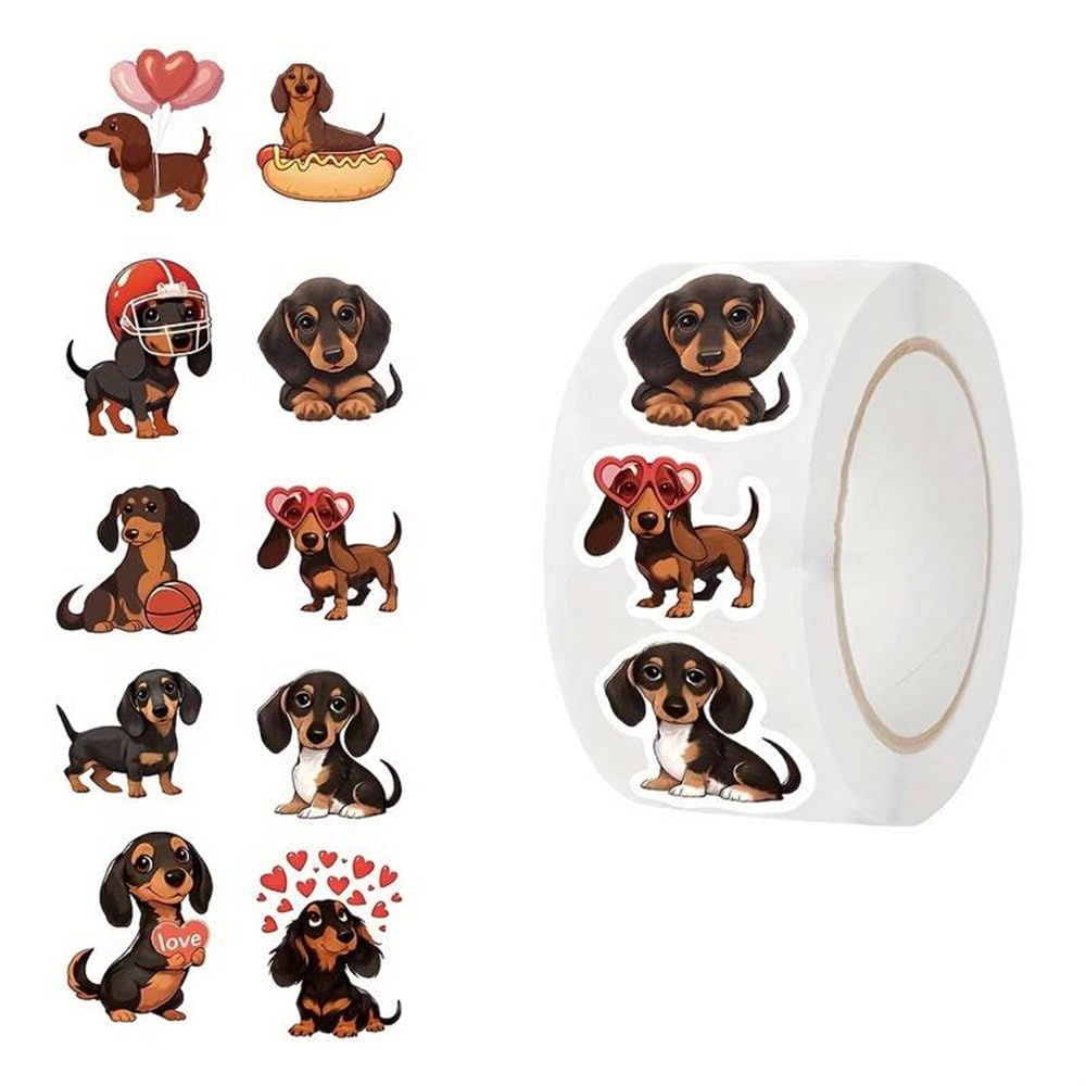 CAA Trading™ Roll of 500 Adorable Dachshund Dog Stickers Breed Hot Dog Sausage Cute (500 Stickers)
