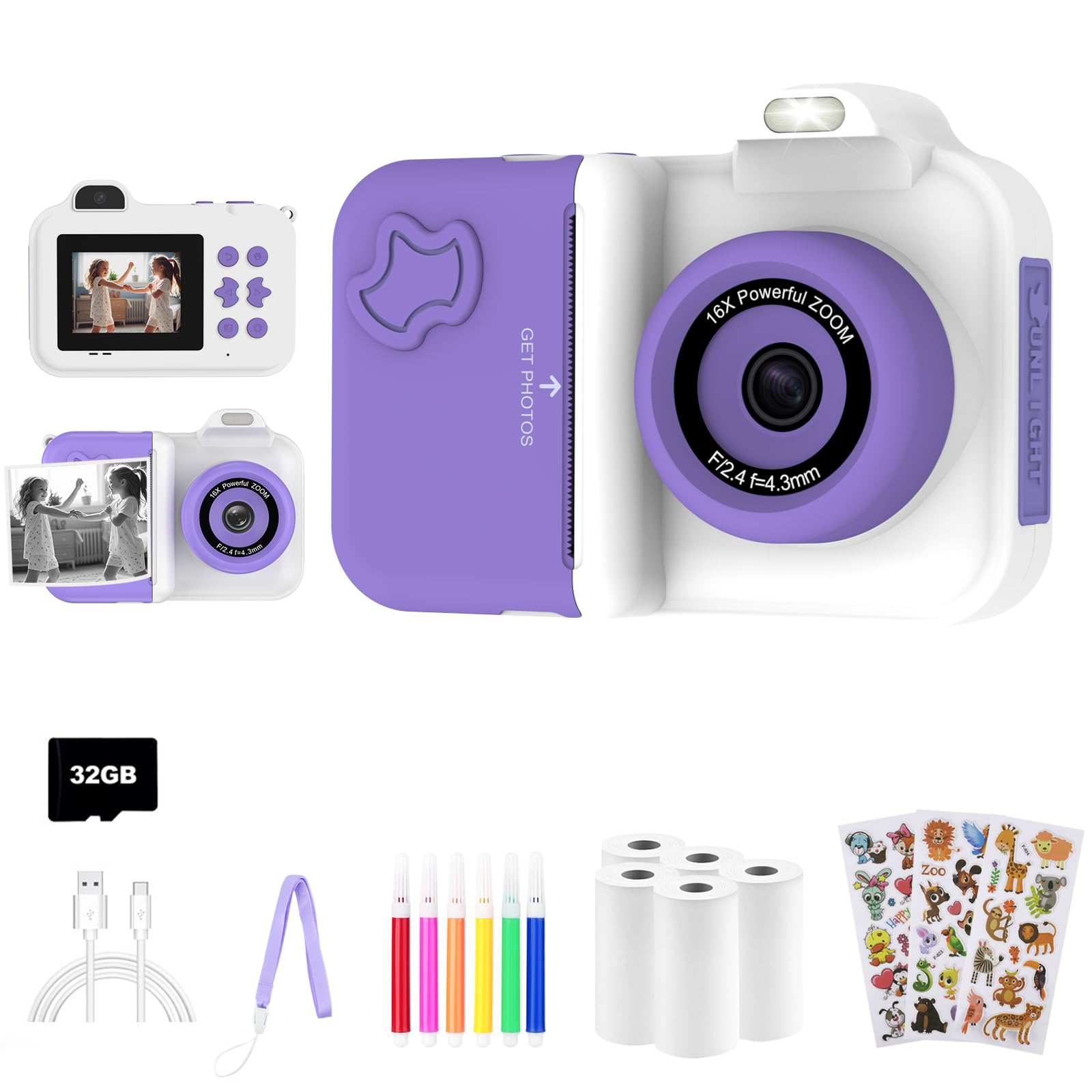 Kids Camera Instant Print, Christmas Birthday Gifts Toys for Girls Boys Age 4 5 6 7 8 9 10 11 12 Years Old,1080P HD Dual-Lens Selfie Digital Camera with 5 Rolls Print Paper Stickers Pens & 32G Card Image