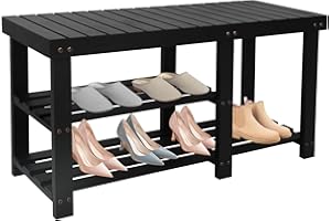 ACEHOME Shoe Rack Bench, 3 Tier Shoe Organizer for Entryway Storage, Small Wooden Shoe Shelf, Freestanding Shoe Racks, Bench Stable Shoe Stand, Black