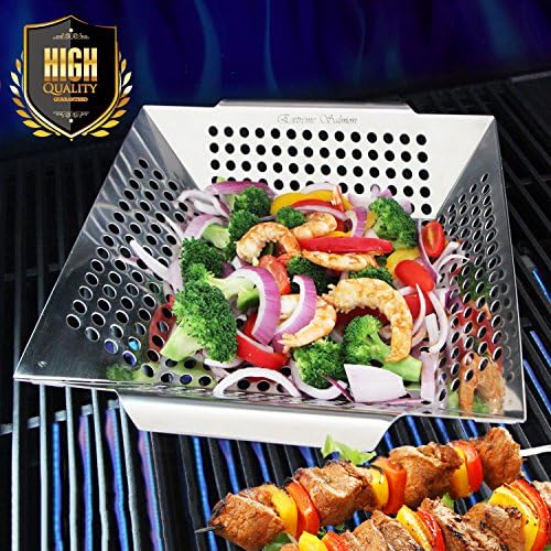 Grill Basket, Food Grade Stainless Steel Veggie Barbecue Grilling Wok Pan Accessories for Shrimp Potatoes Zucchini Onions Peppers Mushrooms on Gas or Charcoal Grills