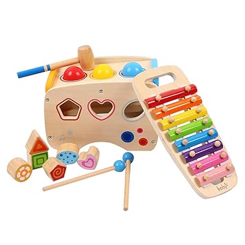 3 in 1 Pounding Bench Xylophone and Shape Toys - Matching Blocks multifunctionla Early Educational Set Best for Age 1 2 3 Years Old and Up Kid Children Baby Toddler Boy Girl
