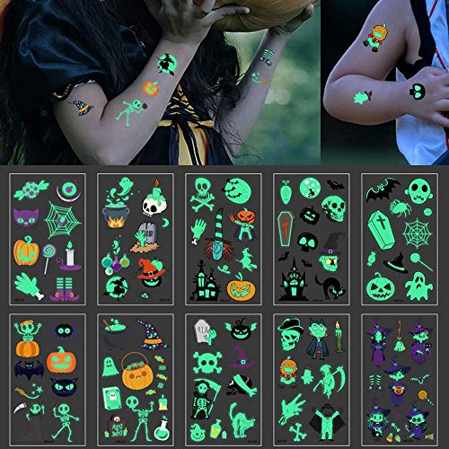 Waterproof Halloween Temporary Tattoo Stickers for kids, Different Designs Glow in the Dark for Children Halloween Party Favor Trick Ghost Monster Pumpkin Tattoos Party Decorations, 10 Sheets