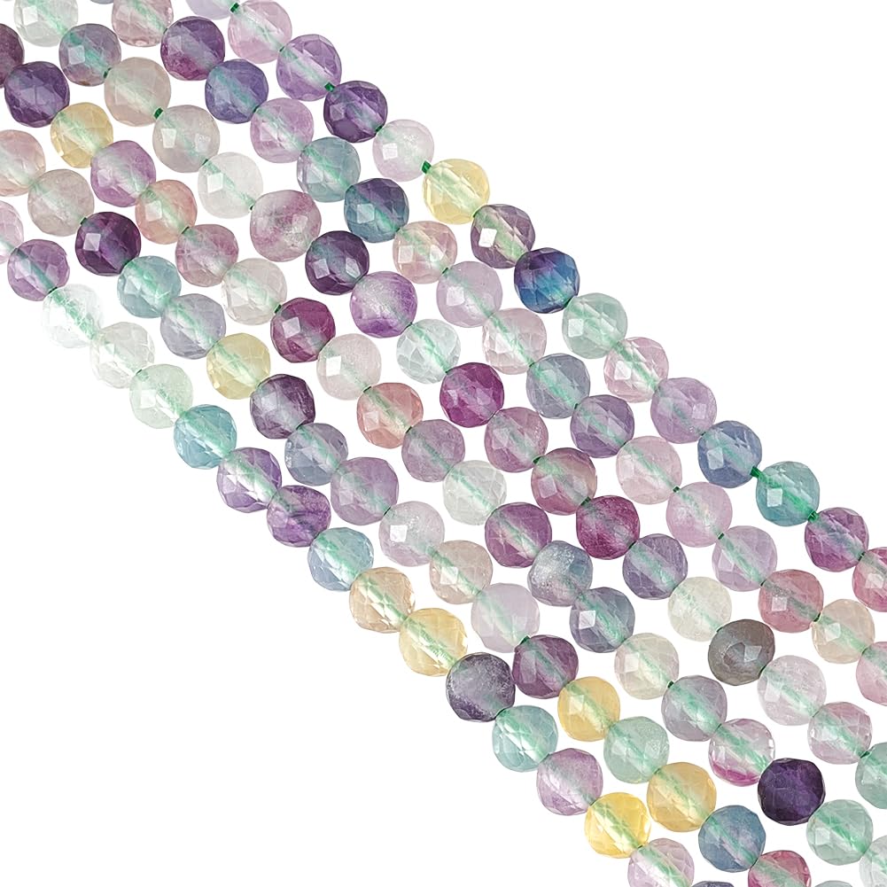 OLYCRAFT 192pcs 4mm Natural Fluorite Gemstone Beads - Faceted Rainbow Round Loose Spacer for Bracelet Necklace Jewelry Making - Hole: 0.5mm