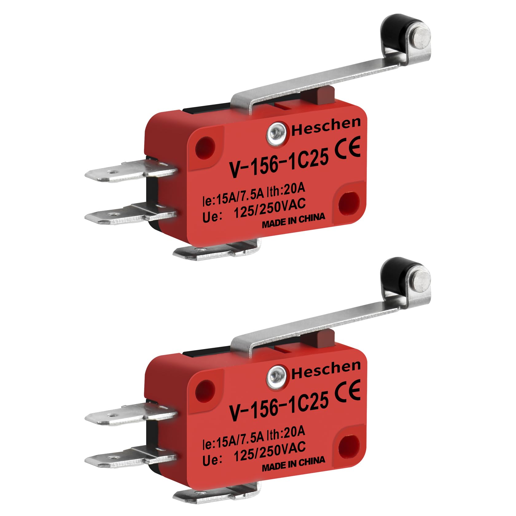 Heschen Micro Switch, V-156-1C25, 7.5A 250VAC, Ith 20A, SPDT, Long Roller Lever, 2 Pack