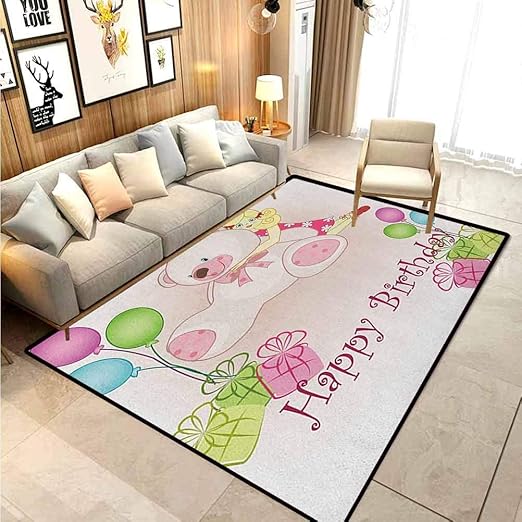 Amazon Com Kids Birthday Camper Rugs Outdoor Floor Rugs For Living Room Baby Girl Birthday With Teddy Bears Toys Balloons Surprise Boxes Dolls Image For Living Room Bench Kids Princess Room Decor Pale
