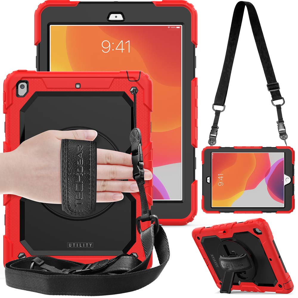 TECHGEAR Utility Case for iPad 10.2 2021/2020/2019 [9th, 8th and 7th Generation] Hard Shockproof Protection with 360 Degree Swivel Stand, Shoulder Strap and Hand Grip [Red]
