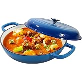 Enameled Cast Iron Dutch Oven Braiser, 3.8 Quart Enamel Skillet Pot with Lid - Heavy Duty and Dual Handles, Oven Safe Frying Pan for Family or Friends Gifts, Blue