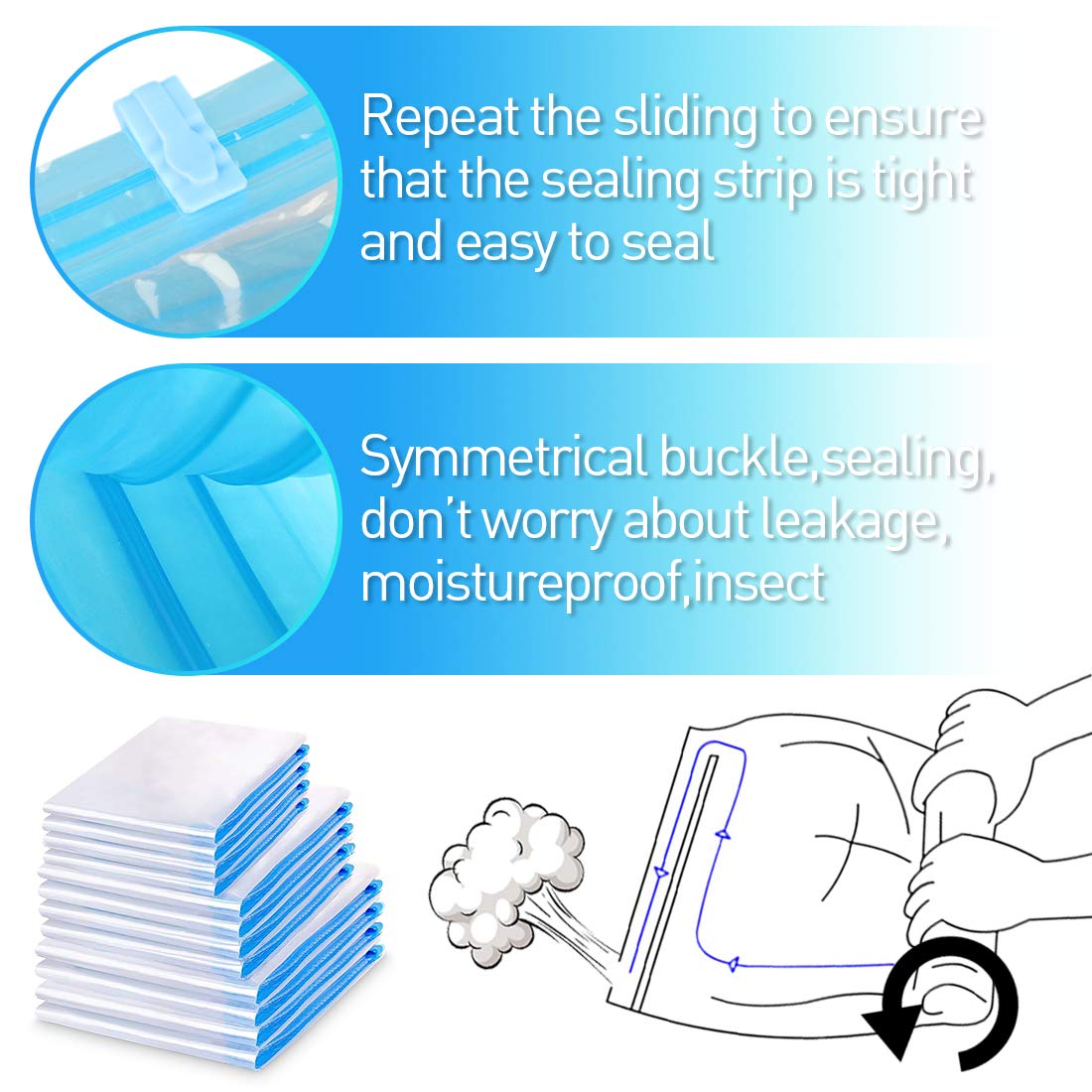 WOSTOO Travel Space Saver Bags 12 Pack - 4*Small + 4*Medium + 4*Large - Hand Roll Up Reusable Vacuum Storage Bags for Clothing, Organizing, Luggage, and Suitcase (No Vacuum or Pump Needed)