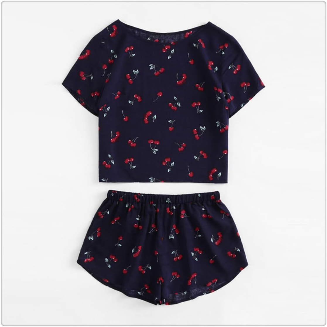 Print Top and Shorts Short Sleeve Cute Women Clothing Two Piece Set Round Neck