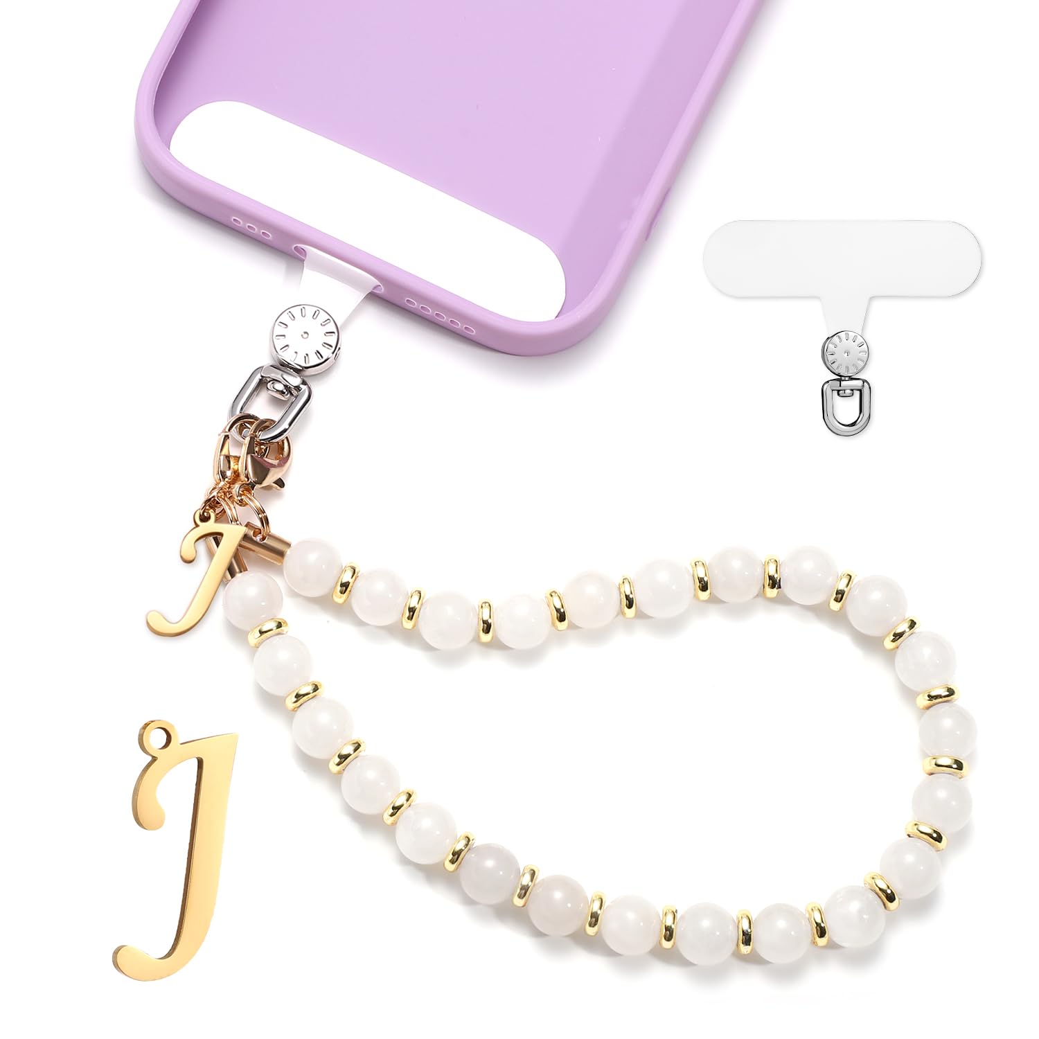 lasuroa 1 Set Beaded Phone Wrist Strap, Initial Phone Charms Detachable Cell Phone Chain Lanyard with Tether Tab Hands-Free Beads Mobile Phone Wristlet Bracelet for Women Girls Gift (Letter J)