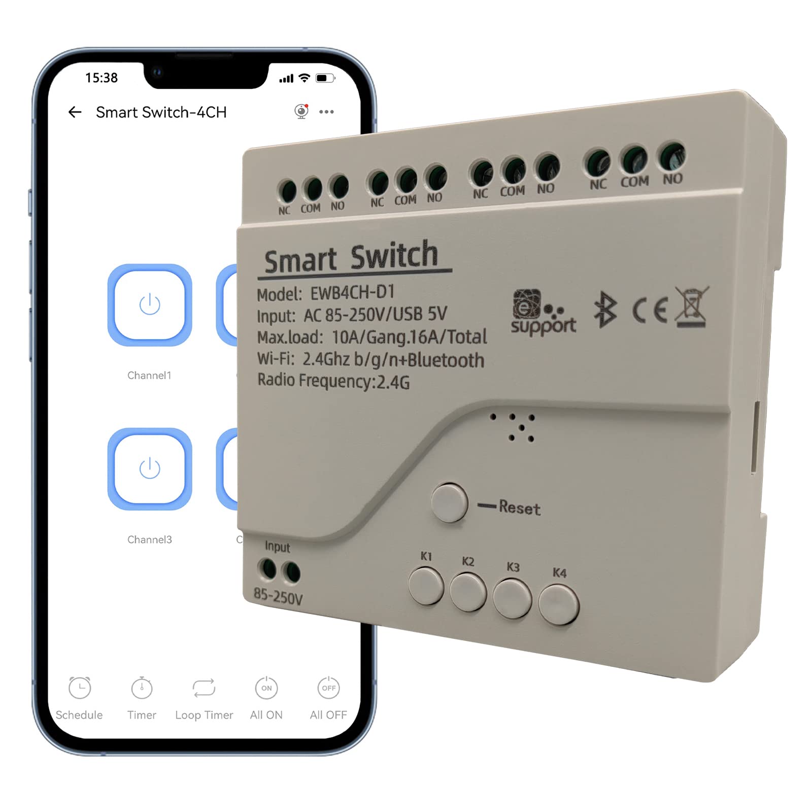 Jane Eyre 4 Channel WiFi Smart Jog Switch/Self-Locking Relay USB 5V/AC85V-250V Input, eWeLink APP, Can be Controlled via Bluetooth, Compatible with Alexa Google Home — image 1