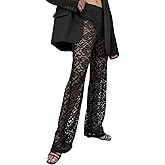 Women's Sexy See Through Lace Pants Transparent Sheer Mesh Straight Leg Pants Hollow Out Slim Trousers Cover Up
