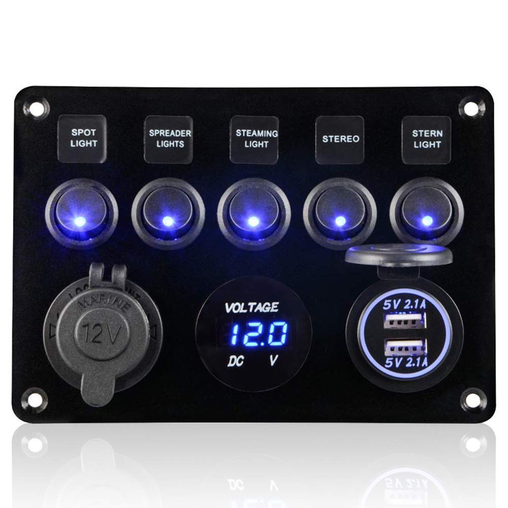 Geloo 12V/24V Toggle Switch Panel, IP65 Waterproof Car Rocker Switches 4.2A Dual USB Charger Port Lighter Socket Digital Voltmeter Display for Boat Car RV Vehicles Blue
