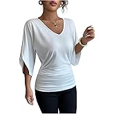 SOLY HUX Women's V Neck T Shirt Half Sleeve Ruched Tee Summer Dressy Casual Tops