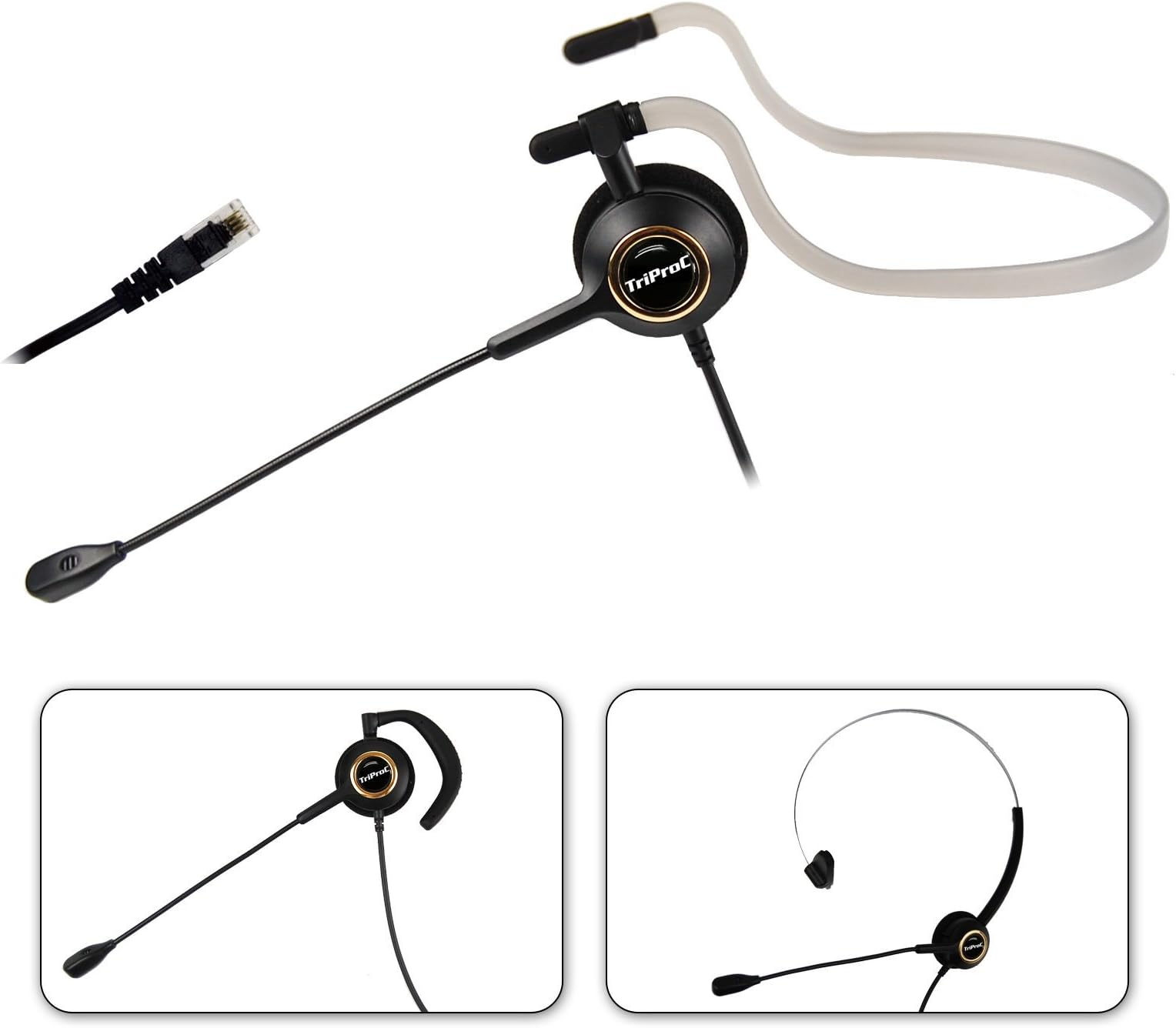 TriProC 3-IN-1 Hands-free 4-Pin RJ9 Corded Monaural Call Center Telephone Headset with Noise Cancelling Microphone and Adapter, 3 Kinds of Wear Mode.