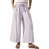 TARSE Women’s Striped Wide Leg Pants Drawstring Casual Boho Palazzo Pants Loose Lounge Beach Vacation Trousers