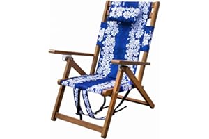 Melino Wooden Folding Outdoor Chair – 3-Position Reclining Beach Sling w/ Pillow, Zipper Pouch, Carry Strap – Acacia Wood Frame for Patio, Lawn, Garden, Pool 225 lbs Support - Portable Lounge, Floral
