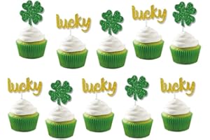 GIGA GUD 36 PCS Green Glitter Shamrock Cupcake Toppers Gold Glitter Lucky Cupcake Toppers Clover Cupcake Toppers for St Patrick's Day Party Birthday Party Baby Shower Wedding Party Decorations (36pcs)