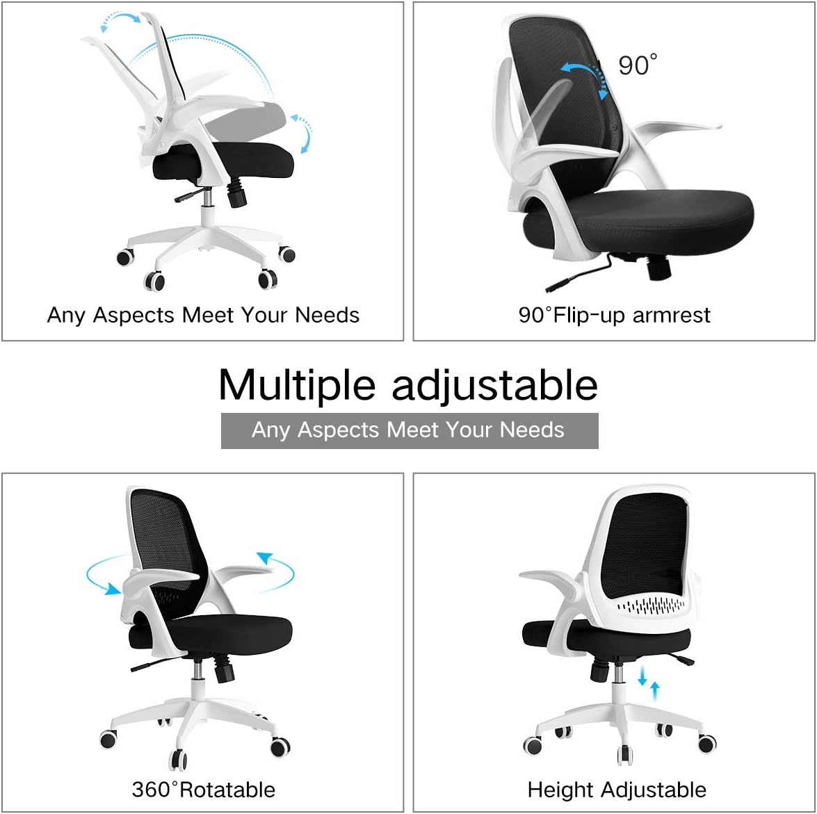 Hbada Office Task Desk Chair Swivel Home Comfort Chairs with Flip-up Arms and Adjustable Height, White: Kitchen & Dining