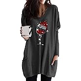 FLITAY Womens Christmas Crewneck Floral Print Long Sleeve Shirt Tunic Tops Loose Fit Color Block Sweatshirt