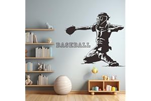 ANFRJJI Sports Fan Baseball Wall Art – Catcher Player Wall Decal for Bedroom Decor, 25"x20" Inch Baseball Theme (Black-JZY200-baseball)