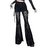 Instobig Gothic Bell Bottom Pants Woman Flared Cross Printed Loose High Waisted Punk 70s Goth Sheer